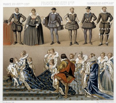 Trajes de la reina Margarita de Francia (parte inferior), y Enrique IV (parte superior) en los siglos XVII y XVIII. Ilustración en "El traje histórico" de Racinet de Albert Charles August Racinet