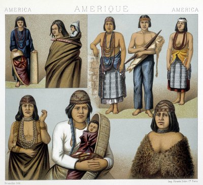 Trajes de los indios de California. Ilustración en "El Traje Histórico" por Racinet de Albert Charles August Racinet