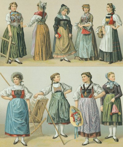 Trajes de los Cantones, ilustración de La Historia Completa del Traje por Racinet Auguste de Albert Charles August Racinet