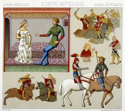 Trajes de la Edad Media en Francia. Placa cromolitográfica - en “Le costume historique” de Racinet de Albert Charles August Racinet