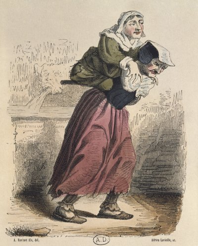 Cour des miracles, después de Jacques Callot (1592-1635) grabado por Adrien Lavieille (1818-62) (grabado en color) de Albert Charles August Racinet