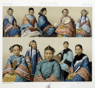 Diferentes tipos de mujeres en China - en "El traje histórico" de Racinet de Albert Charles August Racinet