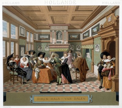 Holandeses con trajes y en un interior del siglo XVIII. Ilustración en “Le costume historique” por Racinet de Albert Charles August Racinet