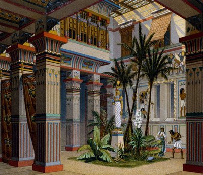 Egipto, interior de la casa de una persona adinerada en el Imperio Antiguo, litografía de Charpentier, de Le Costume Historique (Historia de los Trajes), Vol II, por Auguste Racinet de Albert Charles August Racinet