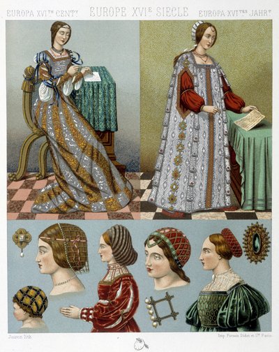 Moda y peluquería en Europa en el siglo XVI - en "El Traje Histórico" por Racinet, finales del siglo XIX de Albert Charles August Racinet