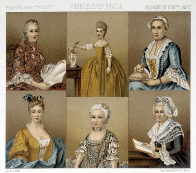 Moda femenina francesa en el siglo XVIII. Ilustración en "Le costume historique" por Racinet de Albert Charles August Racinet