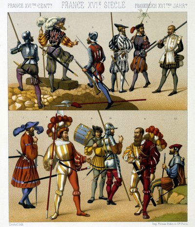 Trajes militares franceses en el siglo XVI. Placa cromolitográfica - en “El traje histórico” de Racinet de Albert Charles August Racinet