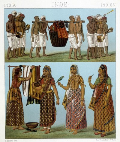 Funeral (parte superior de la imagen) y lavandería (parte inferior de la imagen) en India. Ilustración en “Le costume historique” de Racinet de Albert Charles August Racinet