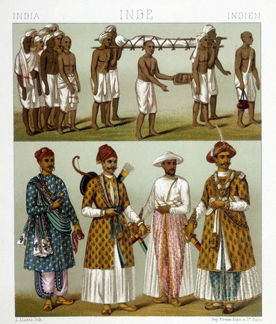Funeral (parte superior de la imagen) y comerciantes (parte inferior de la imagen) en India. Dibujo en "El traje histórico" de Racinet de Albert Charles August Racinet