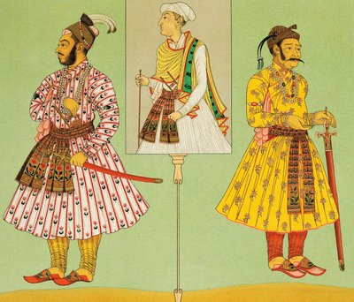 Altos dignatarios del imperio mogol, litografía de Chataignon de Trajes históricos, Volumen I, de Auguste Racinet, París de Albert Charles August Racinet