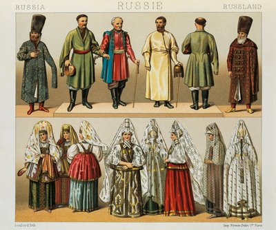 Vestimenta histórica del pueblo ruso, Ilustración de La Historia Completa del Traje por Racinet Auguste de Albert Charles August Racinet
