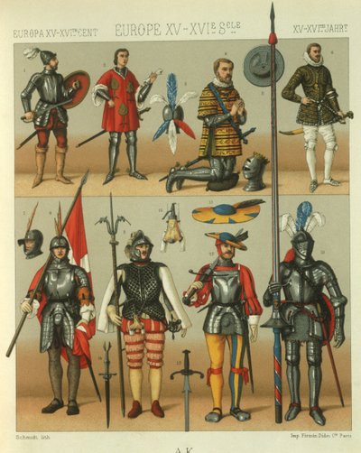 Ilustración de armadura de guerreros europeos de Albert Charles August Racinet