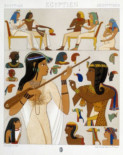 Imágenes reproducidas de los frescos del Antiguo Egipto en "El Traje Histórico" por Racquet 1888 de Albert Charles August Racinet