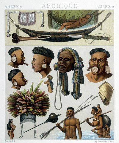 Pueblos indígenas de Brasil y Paraguay. Ilustración en “El traje histórico” de Racinet de Albert Charles August Racinet