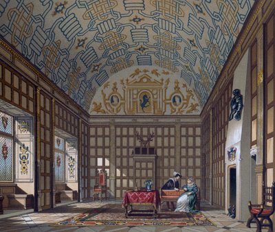 Interior de una vivienda inglesa del siglo XVI, litografía de Gaulard de Le Costume historique de Albert Charles August Racinet