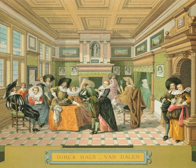 Interior de una vivienda noble holandesa en el siglo XVII, ilustración de La Historia Completa del Traje por Auguste Racinet de Albert Charles August Racinet