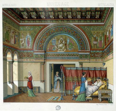 Interior de una vivienda señorial en la Edad Media - en "El Traje Histórico" por Racinet de Albert Charles August Racinet