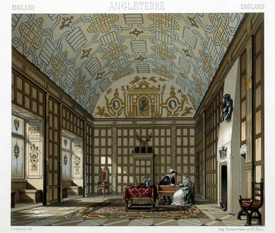 Interior de una casa señorial en Inglaterra en el siglo XVII. Ilustración en "El traje histórico" de Racinet de Albert Charles August Racinet
