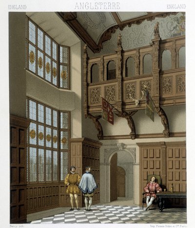 Interior de una casa señorial en Inglaterra en el siglo XVIII. Ilustración en “El traje histórico” de Racinet de Albert Charles August Racinet