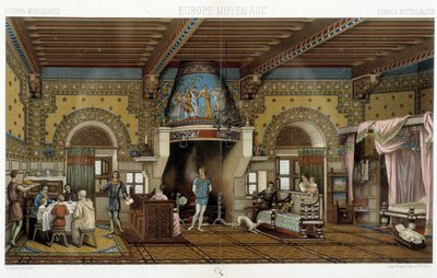 Interior de una mansión señorial en la Edad Media - en “El traje histórico” de Racinet de Albert Charles August Racinet