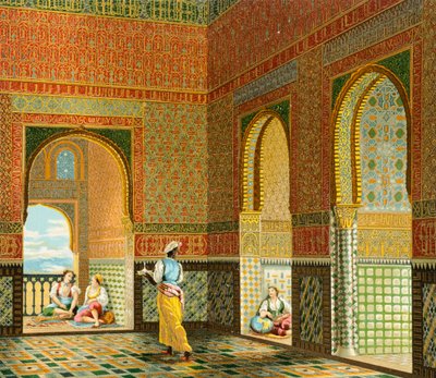Interior de la vivienda de un moro adinerado, Ilustración de la Historia Completa del Traje de Auguste Racinet de Albert Charles August Racinet