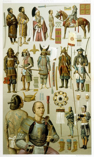 Trajes de guerreros japoneses (samurái o yakuza). Lámina cromolitográfica - en “Le costume historique” por Racinet de Albert Charles August Racinet
