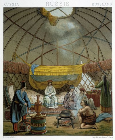 Kalmukos (nómadas rusos) en su yurta de Albert Charles August Racinet