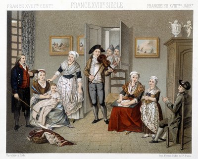 Músicos tocando su instrumento para una familia dentro de una casa. Ilustración en "Le costume historique" por Racinet de Albert Charles August Racinet