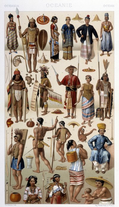 Gente de Malasia y Polinesia (Oceanía). Ilustración en “Le costume historique” por Racinet de Albert Charles August Racinet