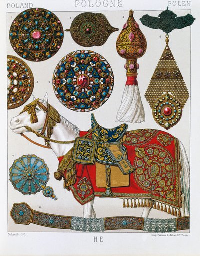 Ornamentos polacos, caballería de húsares, litografía tomada del Traje histórico de Schmidt, Volumen V de Albert Charles August Racinet