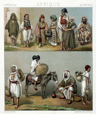 Trajes populares de Argelia y Túnez. Ilustración en "Le costume historique" por Racinet de Albert Charles August Racinet
