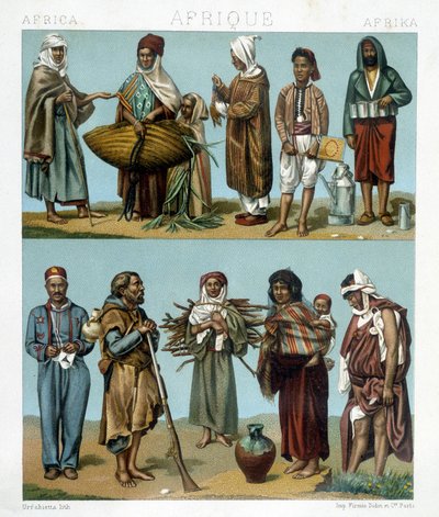 Trajes populares de África. Ilustración en “Le costume historique” por Racinet de Albert Charles August Racinet