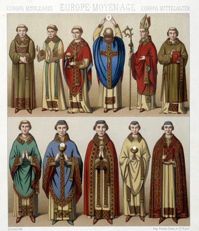 Trajes religiosos en Europa en la Edad Media. Ilustración en “El traje histórico” de Racinet de Albert Charles August Racinet