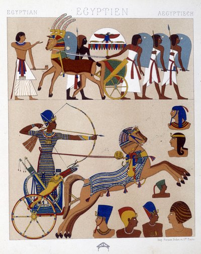 Reproducción de frescos del antiguo Egipto incluyendo a Ramsés II en su carro - en "El traje histórico" de Racinet de Albert Charles August Racinet