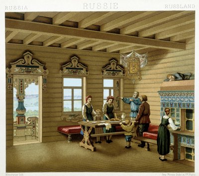 Familia rusa en una residencia típica en Rusia en el siglo XIX. Placa cromolitográfica - en "El traje histórico" de Racinet de Albert Charles August Racinet