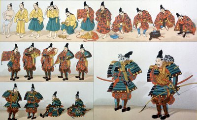 Samurái durante la ceremonia del vestido - en El traje histórico por Racinet de Albert Charles August Racinet