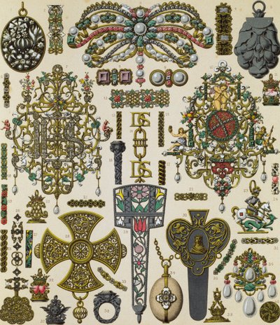 Joyería del siglo XVII, litografía de Schmidt publicada en Le costume historique, Volumen V de Albert Charles August Racinet