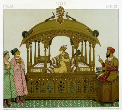 Trono de los emperadores mogoles. Placa cromolitográfica - en “Le costume historique” de Racinet de Albert Charles August Racinet