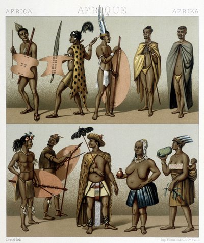 Traje tradicional de Cafrería (parte meridional de África). Ilustración en "El traje histórico" de Racinet de Albert Charles August Racinet