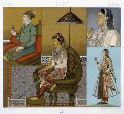 Trajes tradicionales de mogoles y maharajás en India - en “Le costume historique” de Racinet de Albert Charles August Racinet