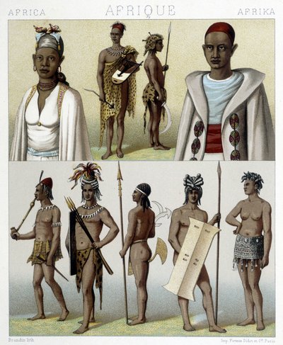 Trajes tradicionales y joyería de Tombuctú y el Alto Nilo. Ilustración en “Le costume historique” de Racinet de Albert Charles August Racinet