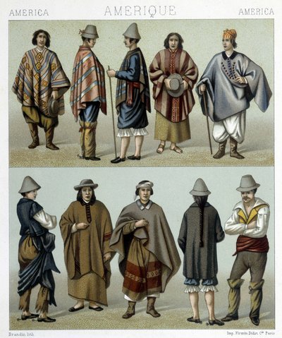 Trajes tradicionales de Chile. Ilustración en "El traje histórico" por Racinet de Albert Charles August Racinet