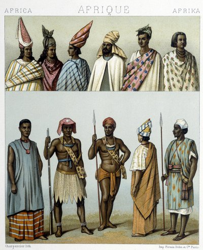 Trajes tradicionales de Senegal. Ilustración en "El traje histórico" de Racinet de Albert Charles August Racinet
