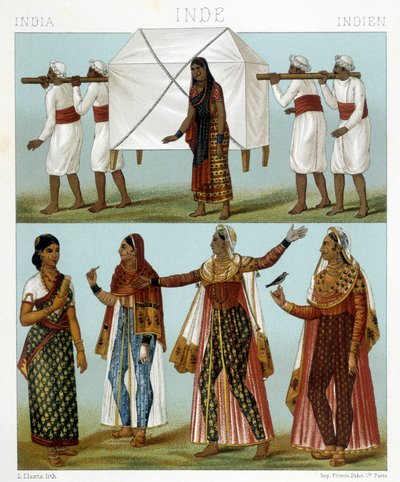 Transporte y trajes femeninos tradicionales. Ilustración en "Le costume historique" por Racinet de Albert Charles August Racinet