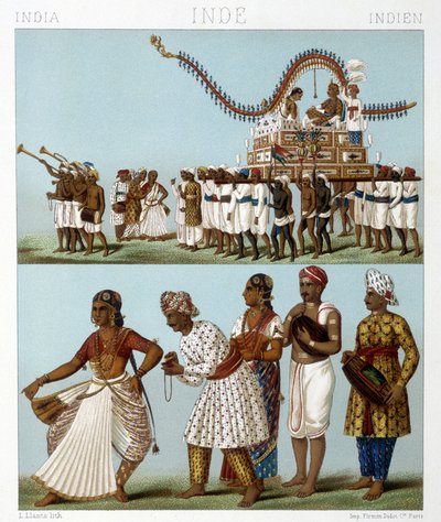Transporte, música, danza y trajes tradicionales de India. Ilustración en "El traje histórico" de Racinet de Albert Charles August Racinet