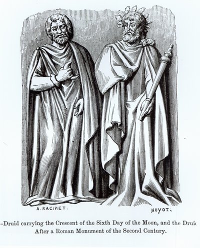 Dos druidas, uno llevando el creciente del sexto día de la luna, después de un monumento romano del segundo siglo, ilustración de Ciencia y Literatura en la Edad Media y el Renacimiento de Albert Charles August Racinet