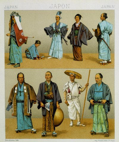 Varios trajes tradicionales japoneses de hombres, incluyendo kimono. Placa cromolitográfica - en “El traje histórico” de Racinet de Albert Charles August Racinet