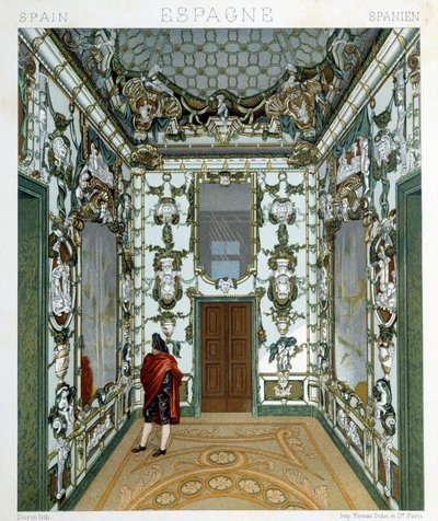 Vista de un hombre dentro del Palacio Real de Madrid. Lámina cromolitográfica - en “Le costume historique” por Racinet de Albert Charles August Racinet