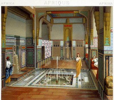 Mujer y su sirviente junto a una fuente en una casa en El Cairo (Egipto). Placa cromolitográfica - en “Le costume historique” de Racinet de Albert Charles August Racinet