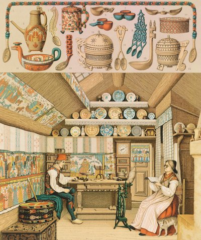 Casa de madera en Suecia, Ilustración de Le Costume Historique de Albert Charles August Racinet